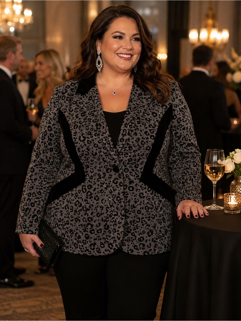 Midnight Velvet, Vintage, Gray Leopard-Print Jacket with Black Velvet Trim, 24W